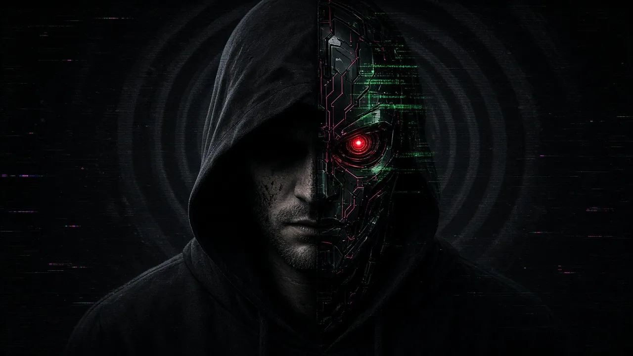 Your contact: a hooded figure, half human face in shadow, half machine with a glowing red eye